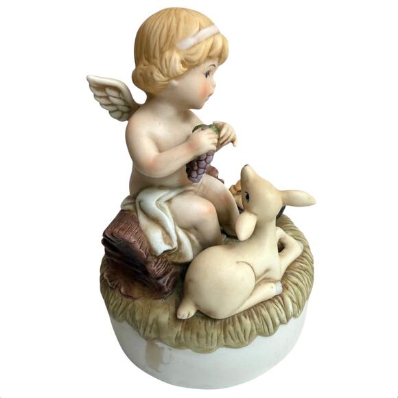 Enesco MUSIC BOX Talk To The Animals Cherub Angel Deer Fruit Basket Ceramic 1984 - Picture 2 of 9